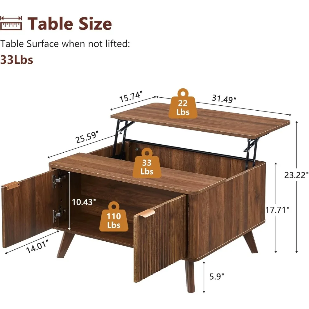 Tavolino da caffè con piano sollevabile scanalato con ampio scomparto nascosto, tavolo centrale in legno da 31,5 pollici con contenitore, tavolo sollevabile moderno della metà del secolo