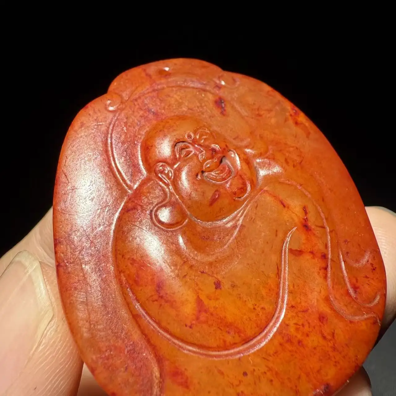 China Hongshan Culture Old Jade Carve Fengshui Maitreya Buddha bird animal Pendant 51x42mm