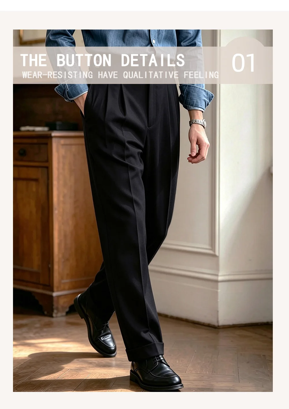 2026 Herbst-Winter Herrenanzughose im Neapolitan-Stil, Knopfleiste, hohe Taille, weites Bein, leichte Business-Formalhose für den Alltag – Detail 3