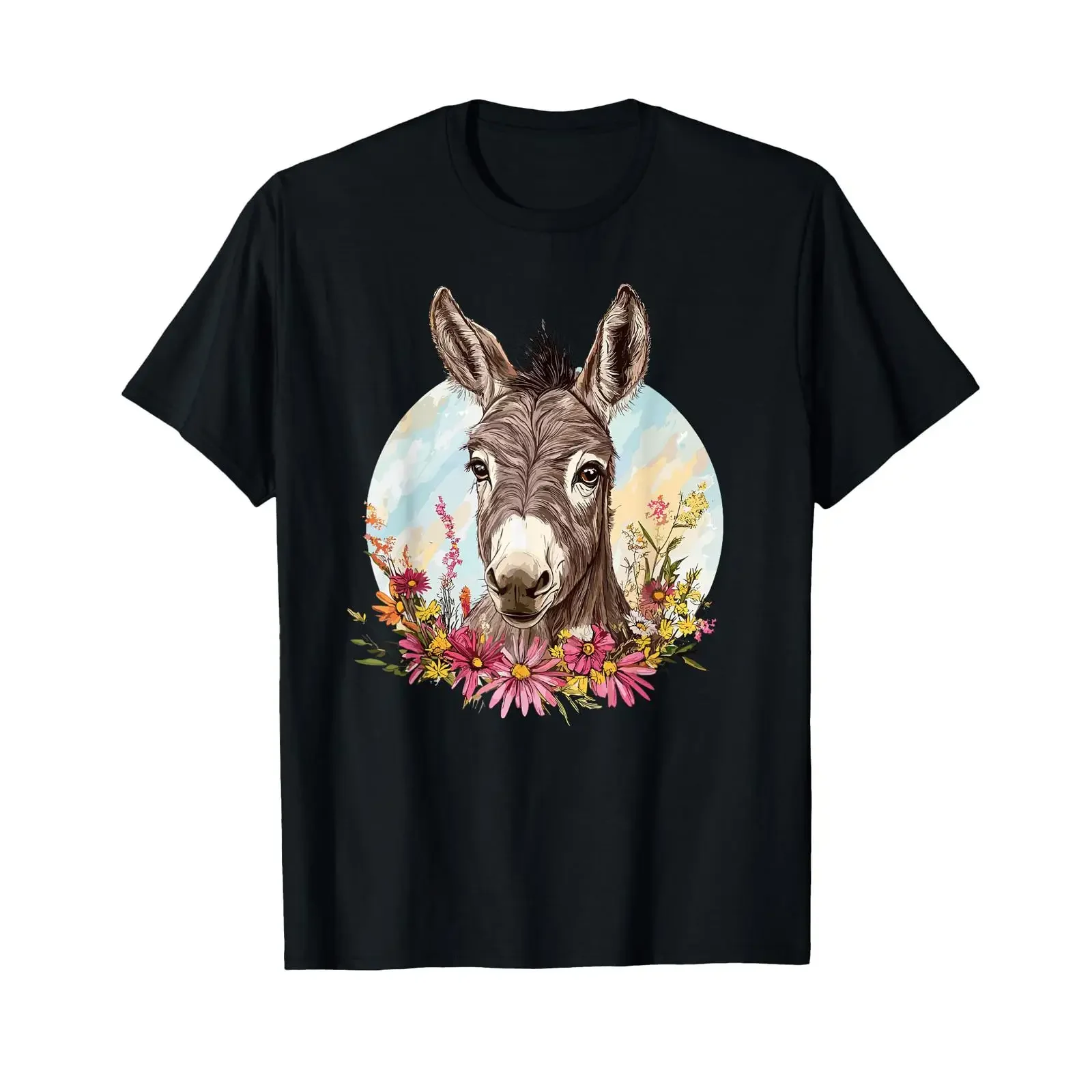 Adorable Donkey Surrounded By Colorful Flowers T Shirt vintage Washed Versatile Top For Everyday Wear designer clothes Stylish