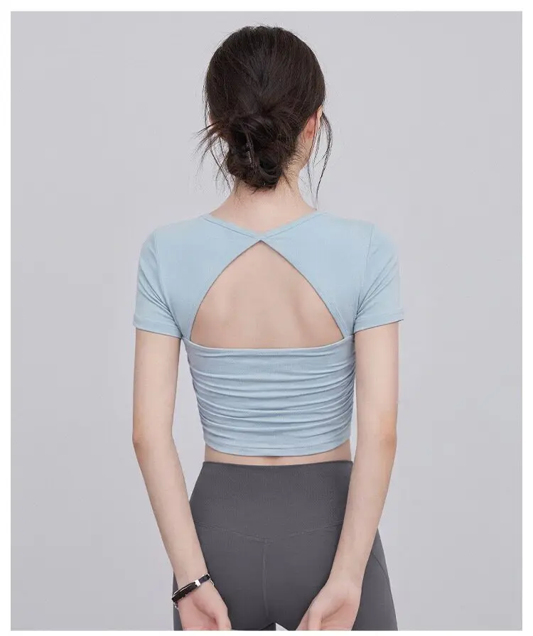 Sportliches Damen-Kurzarm-Top mit Mesh-Einsätzen, Figurbetontes Fitness-Top, Professionelle Pilates-Trainings- und Yoga-Bekleidung – Detail 4