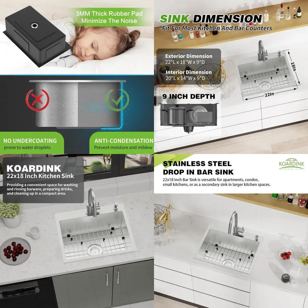 

Stainless Steel 22x18 Inch Single Bowl Top Mount Bar Sink with Grid, Mat, and Drain Strainer Set