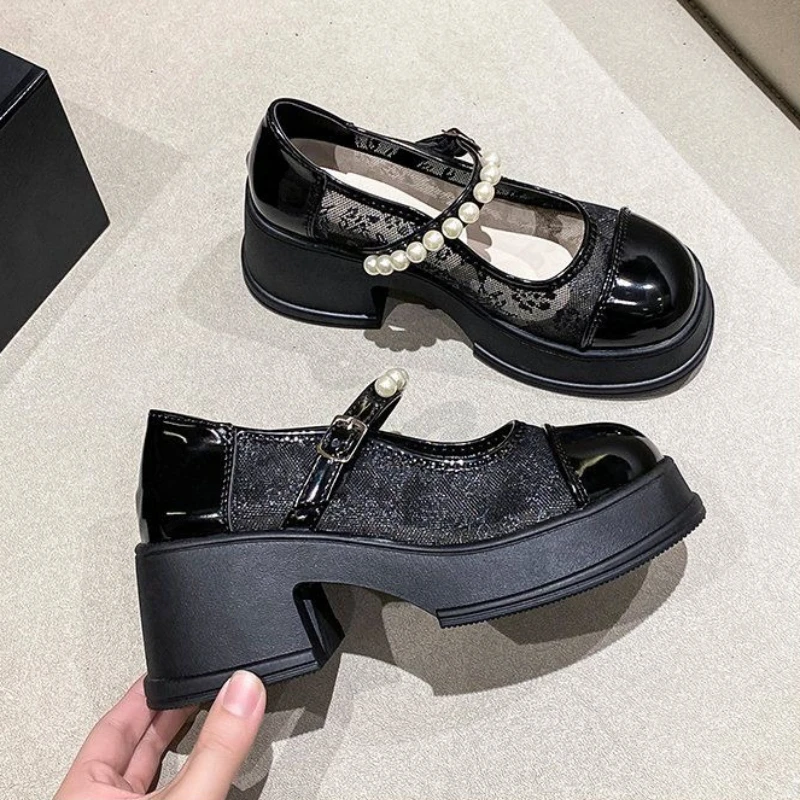 2026 Autumn New Women's Mary Jane Shoes Featuring Breathable Mesh Lace Embroidery Single Strap Low-Cut Thick Sole French Style