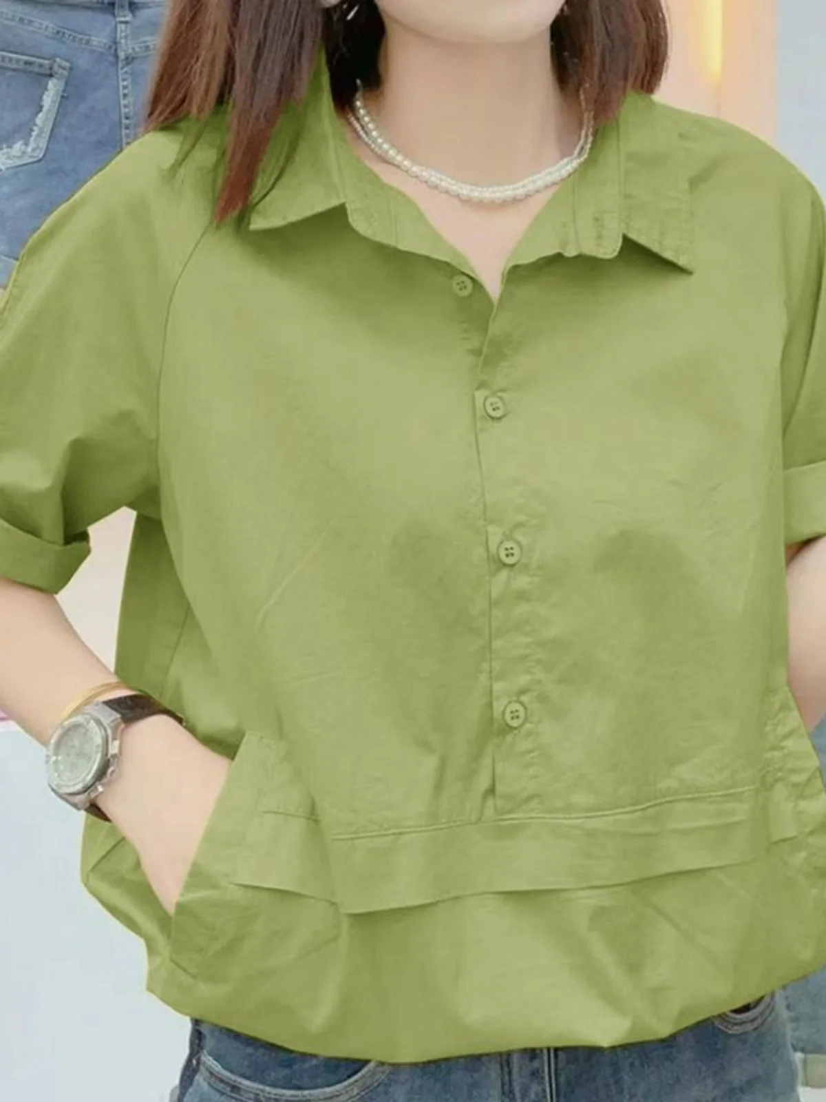 

Ladies ort Sve irt Summer New Sle Cover Belly Top Faionable Chiffon Small irt Anti-Aging Korean Loose Fit Button...