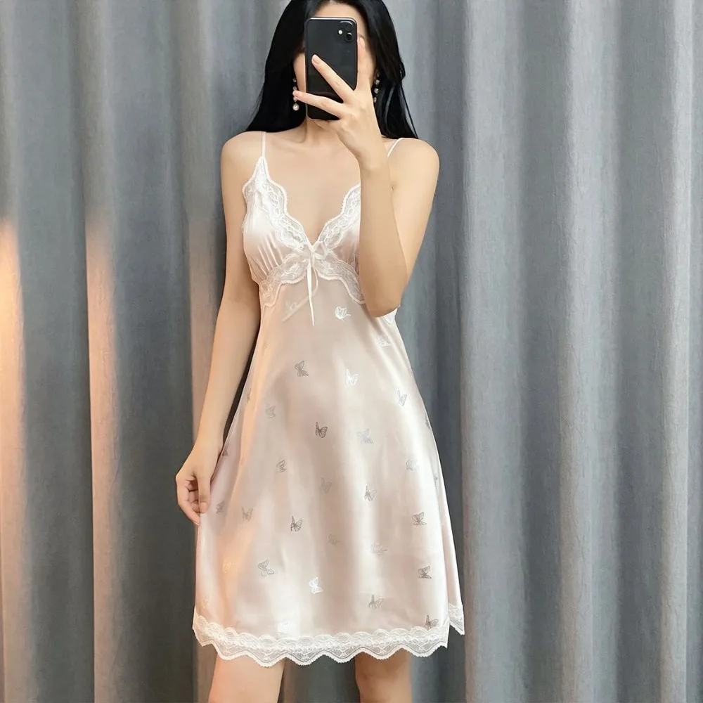 Sweet Ice Silk Women's Satin Nightgown Summer Chemise Slip Sleepwear Sexy Butterfly Pattern Chemise Nightwear Sleepwear Party
