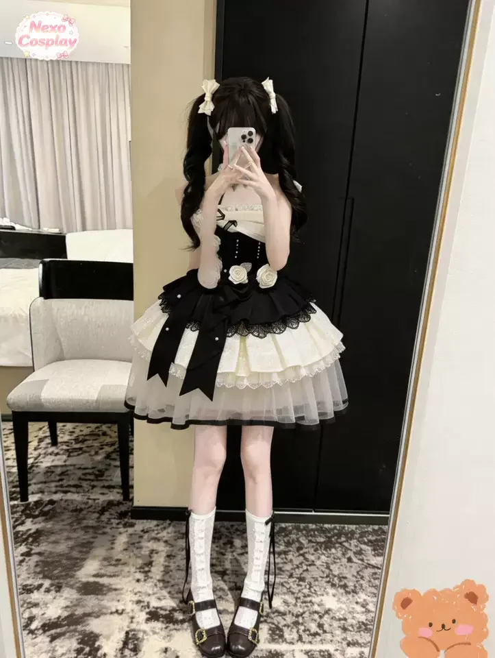Vintage Gothic Lolita JSK Dress with 3D Roses, Off Shoulder Tiered Lace Irregular Hem Princess Costume Full Set NexoCosplay