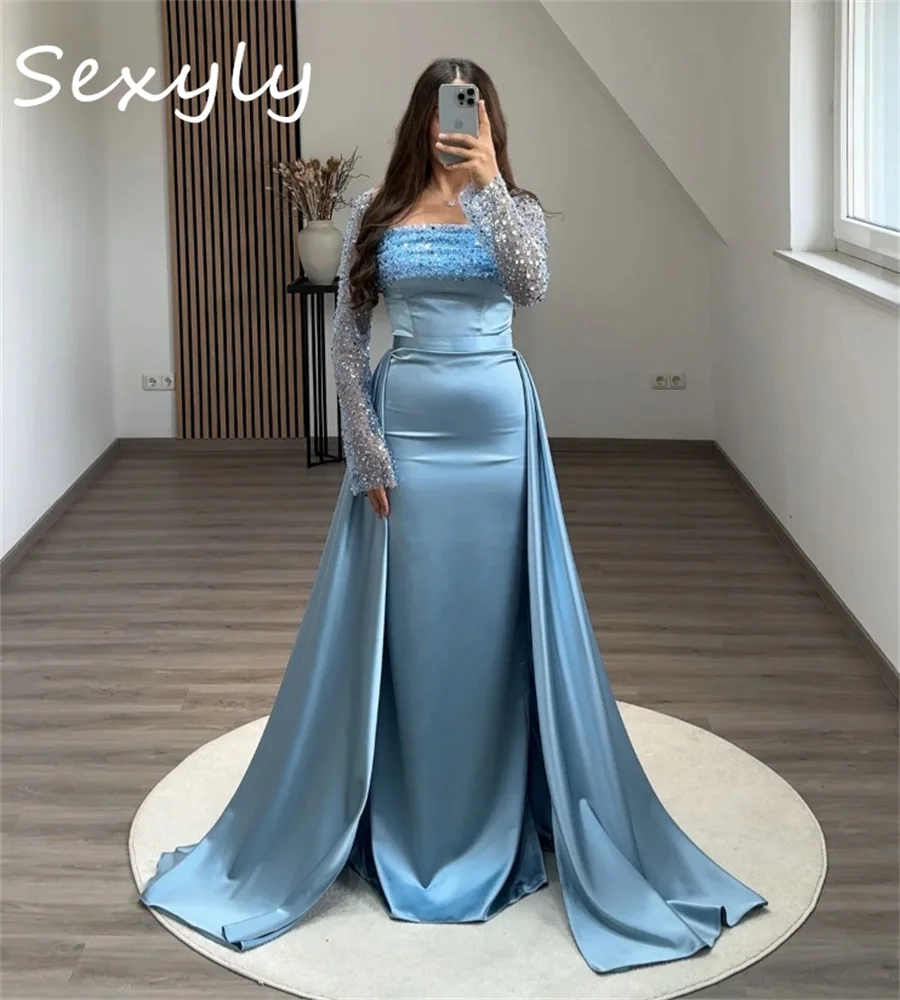 

Luxury Blue Sequined Evening Dresses With Overskirt Train Saudi Arabic Dubai Prom Dress Long Sleeve Mermaid Formal Customized