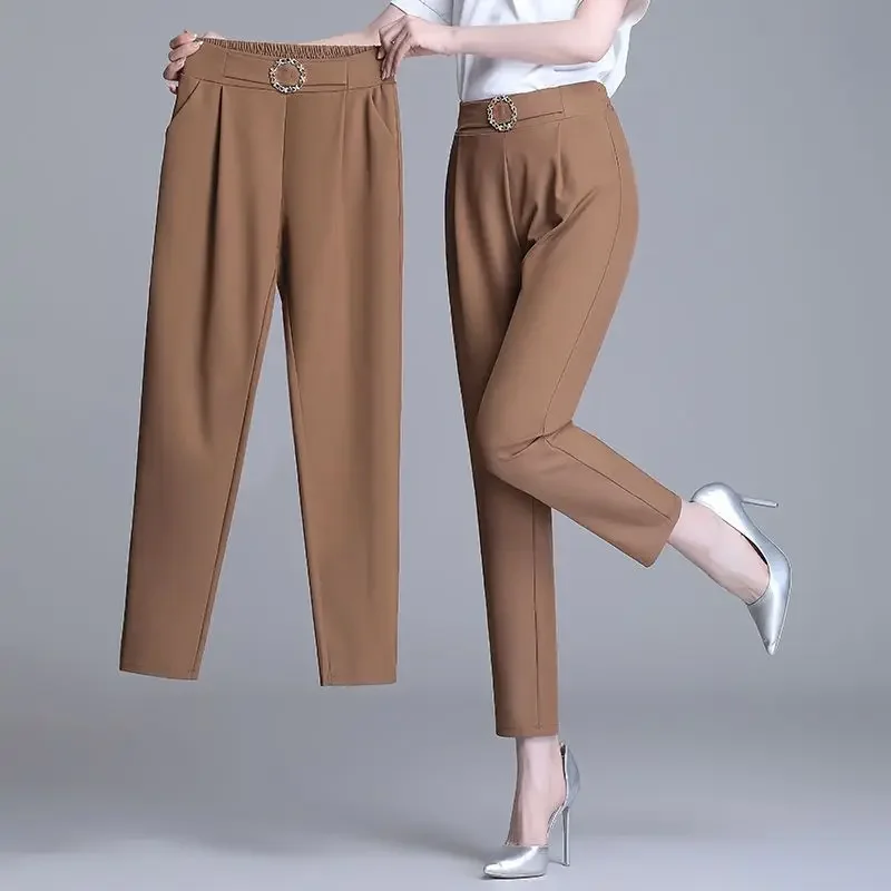 Women's Clothing Spring Autumn Solid Color Elastic Pockets High Waist Loose and Elegant Vacation Trousers Straight Pencil Pants