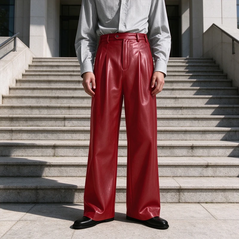 Luxury Men's PU Leather Pants High Waist Pleated Loose Straight Trousers Business Casual Formal For Men Streetwear Party Office