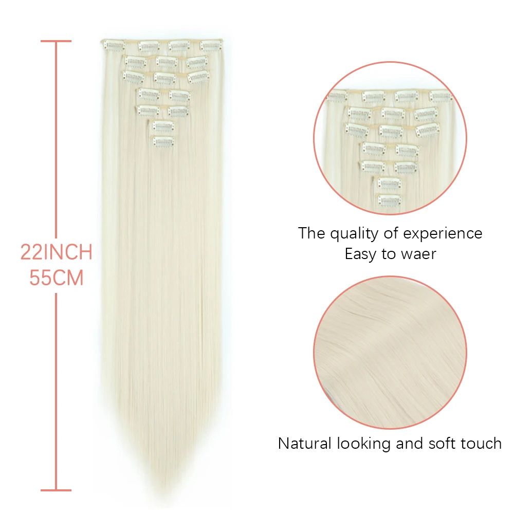 AZQUEEN Long Straight 16 Clip In Synthetic Hair Extensions 7Pcs/Set Natural Blonde Heat Resistant Hairpieces For Women