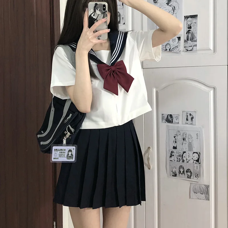 

White and Black Three Books JK Uniform Skirt Basic Style Genuine Goods Sailor Suit Bad Japanese College Style Suit Short Sleeve