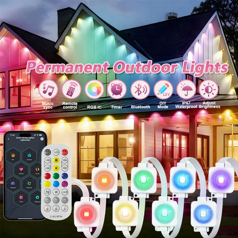 Permanent Outdoor Lights Smart Eave Lights DIY Color Changing Music Sync Dynamic Waterproof for Roof Party Garden Decor