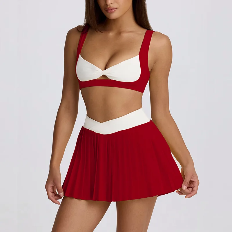 

Quick Dry Tennis Skirt Sets Women 2 Piece Outfit Golf Wear Sport Bra High Waist Pleated Skort Summer Badminton Female Clothing