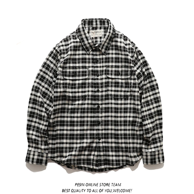 

Retro Japanese Style Plaid Long Sleeve Casual Shirt Men's Fashion Brand Workwear Pocket Classic Flannel Outerwear Coat
