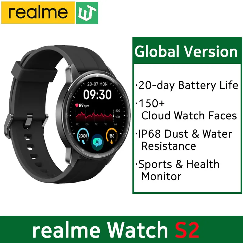 Realme watch S2 SmartWatch 1.43 ''AMOLED عرض مستشعر الأوكسجين في الدم Spuer AI محرك IP68 مقاوم للماء 20 يومًا عمر البطارية ساعة