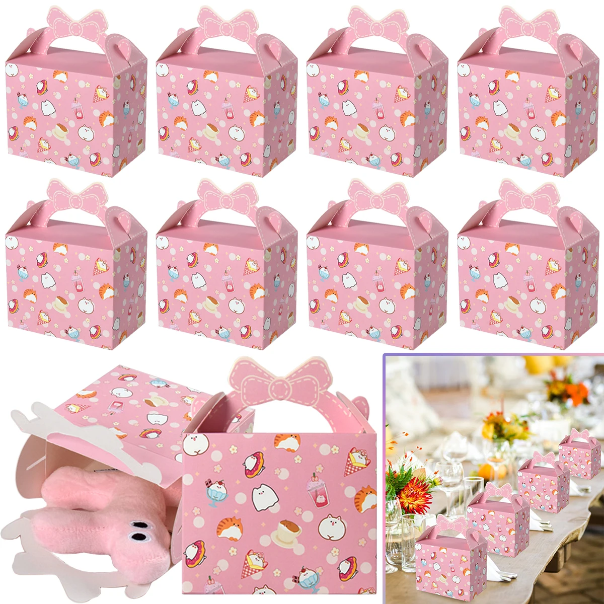 10Pcs Dessert Kitten Print Case Pink Bow Gift Boxes with Handle Cartoon Wrapping Box for Baby Shower Wedding Birthday Party