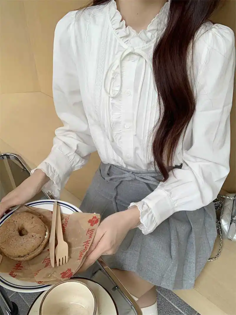 Blanc brodé champignon dentelle col montant Chemise français rétro à manches longues haut Chemise Femme Camisas De Mujer chemises et chemisiers