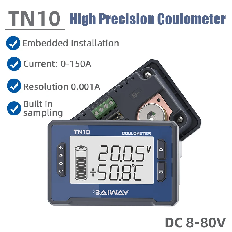 TN10 DC8-80V 100A Battery Tester Monitor High Precision Coulometer Built-In Sampler Battery Capacity Indicator Voltmeter Ammeter