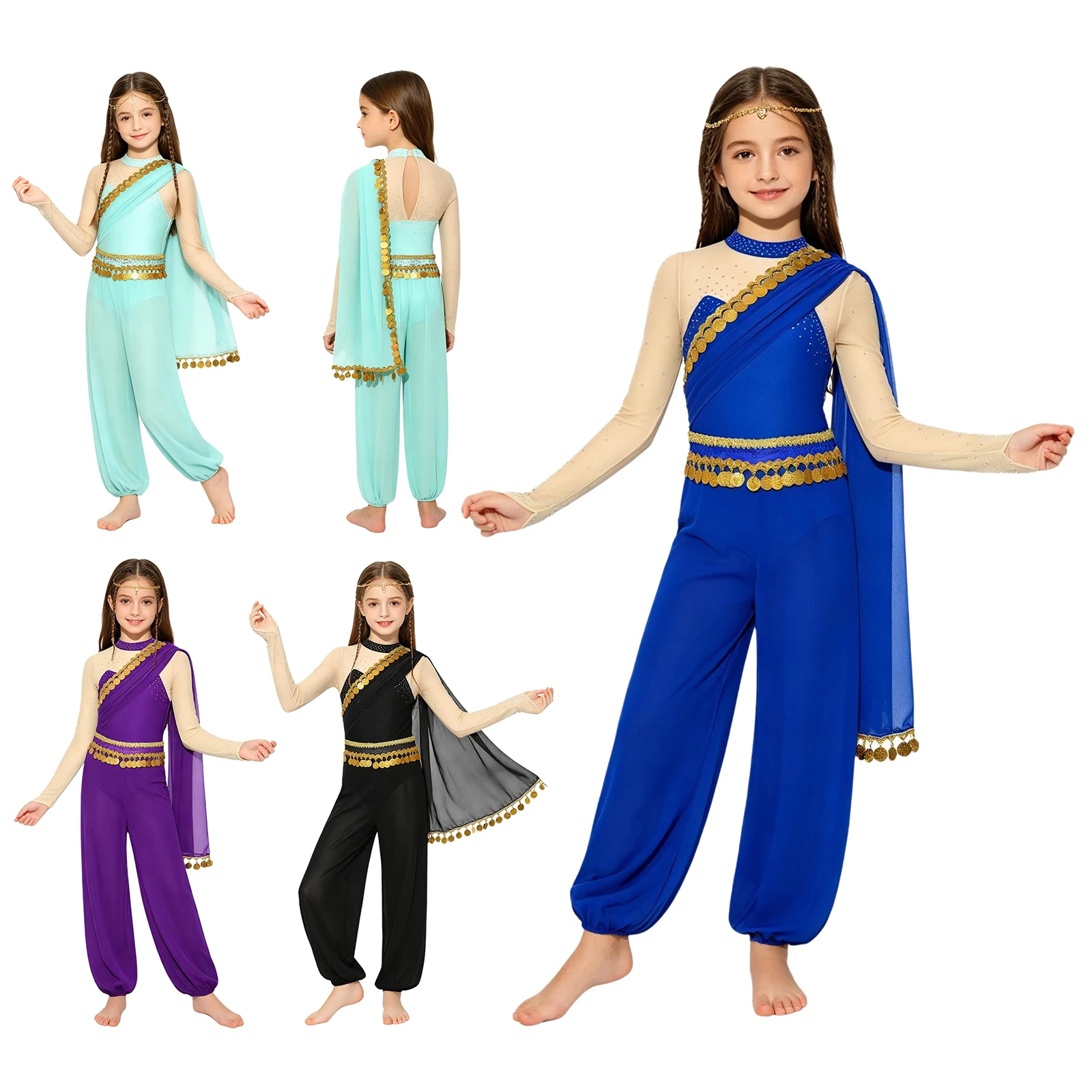 Girls Arabian Princess Belly Dance Rompers Contrast Color Rhinestone Decor Sequin Tulle Overlay Jumpsuit for Halloween Carnival