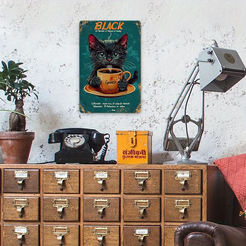 Black Cat Holding Guinness Coffee Mug Pattern Metal Sign, , Vintage Style with Artistic Touch, Suitable for Home Decor, Cafe
