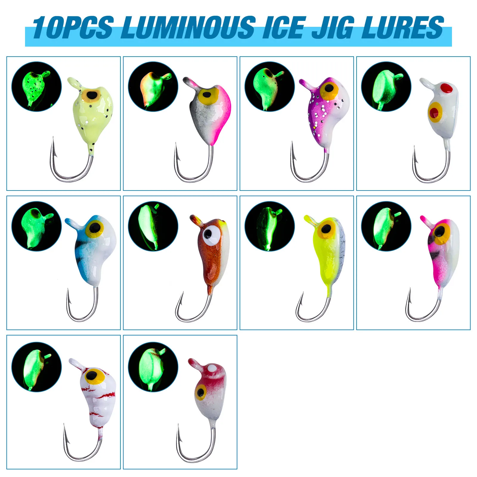 Goture 25pcs Ice Fishing Lures Kit Glow Jigging Lure 1.5g 2.5g Winter Ice Fihsing Jigs Heads Hard Lure Artificial Bait Set