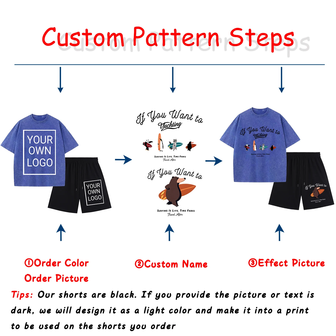Customized Your Logo Pattern Design Men's Washed T-Shirt Suit O-Neck Cotton T-Shirt Drawstring Summer Short Pants Pocket Pant view 3