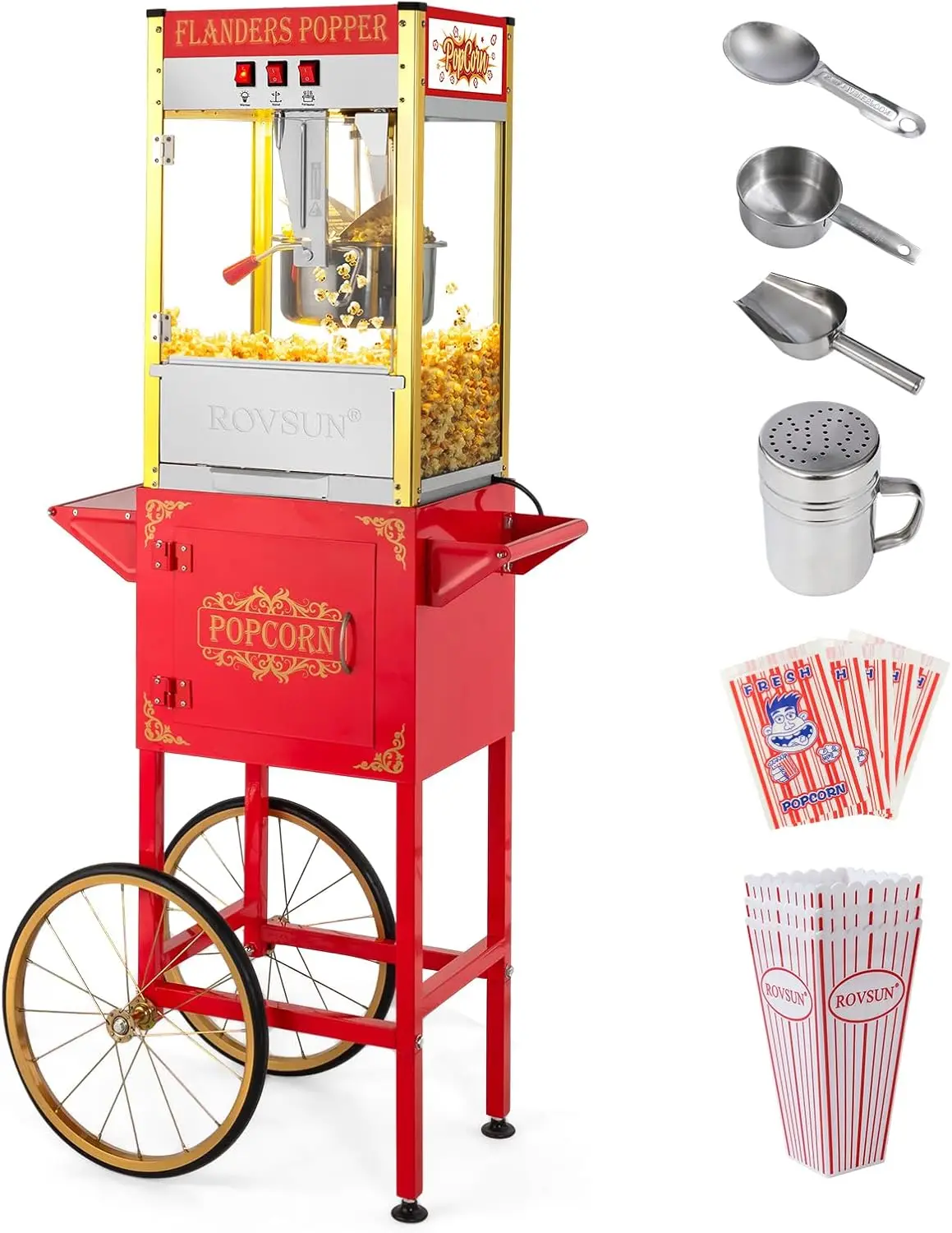 Popcorn Machine with Cart, Wheels & 10 Oz Kettle Makes Up to 4 Gallons, Popcorn Maker with Stainless Steel Scoop, Oil Spoon, Bag