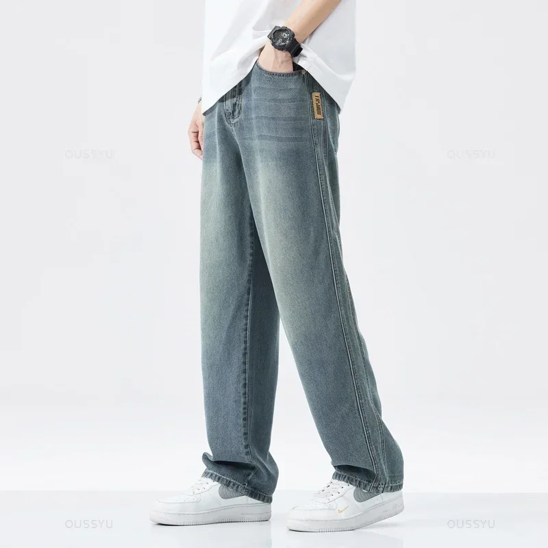 Spring Summer High Quality Soft Lyocell Fabric Jeans Men Thin Loose Wide Leg Pants Elastic Waist Casual Trousers Plus Size 28-40