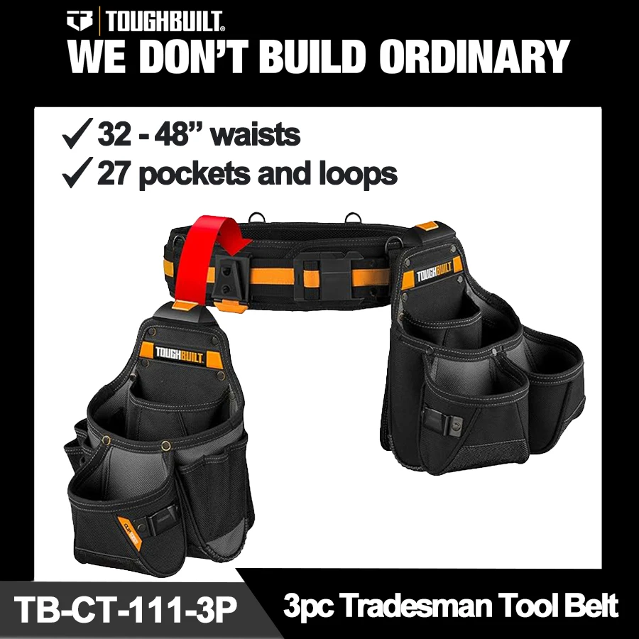 TOUGHBUILT 3 in 1 Tradesman Tool Belt Set (2 Tool Bag + 1 Belt) Woodworking Storage Work Pouch TB-CT-111-3P