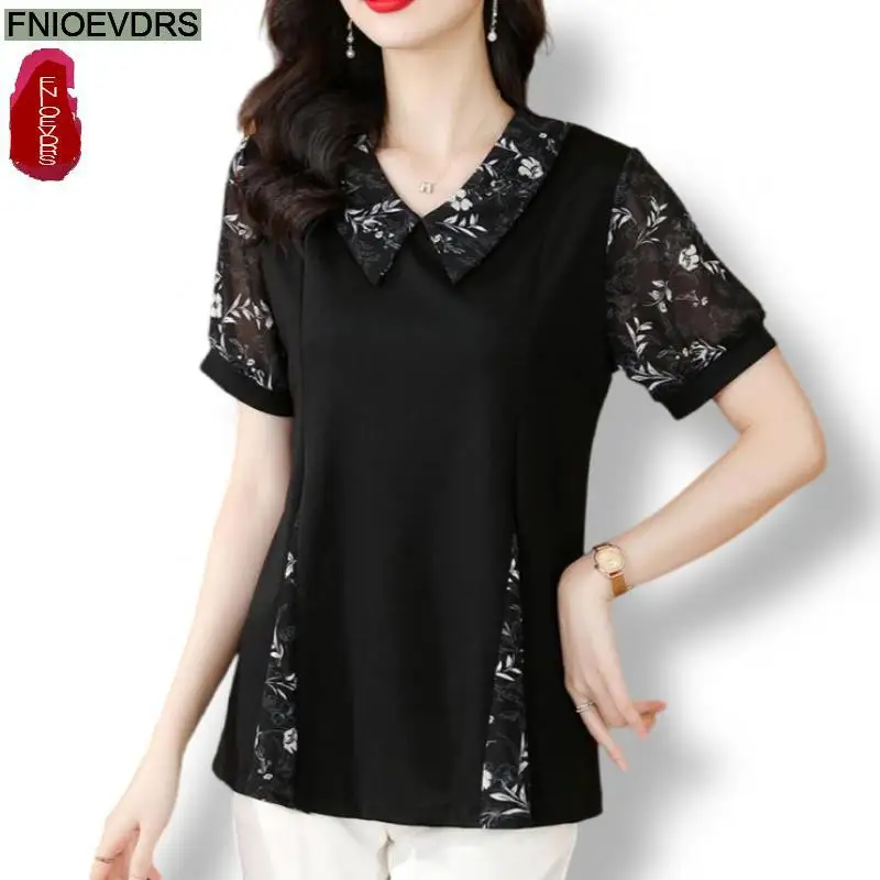 Hot Sales Loose Clothes 2024 Summer Retro Button Tops Short Sleeve Women Tunic Flower Floral Print Black Peplum Shirts Blouses