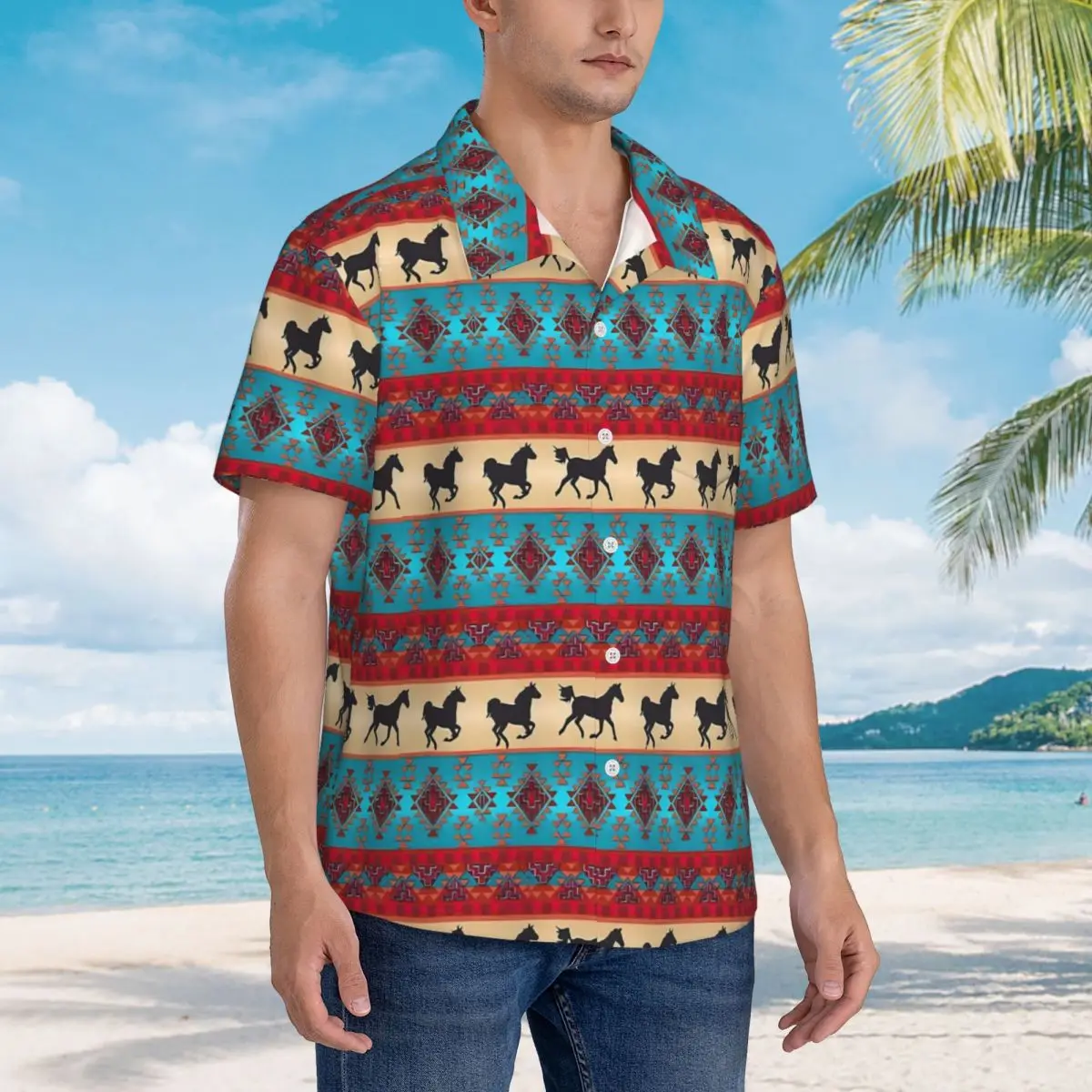 Camisa de vacaciones de caballo Tribal para hombres, camisas casuales de verano con estampado Vintage, blusas de moda, manga corta, ropa cómoda personalizada DIY