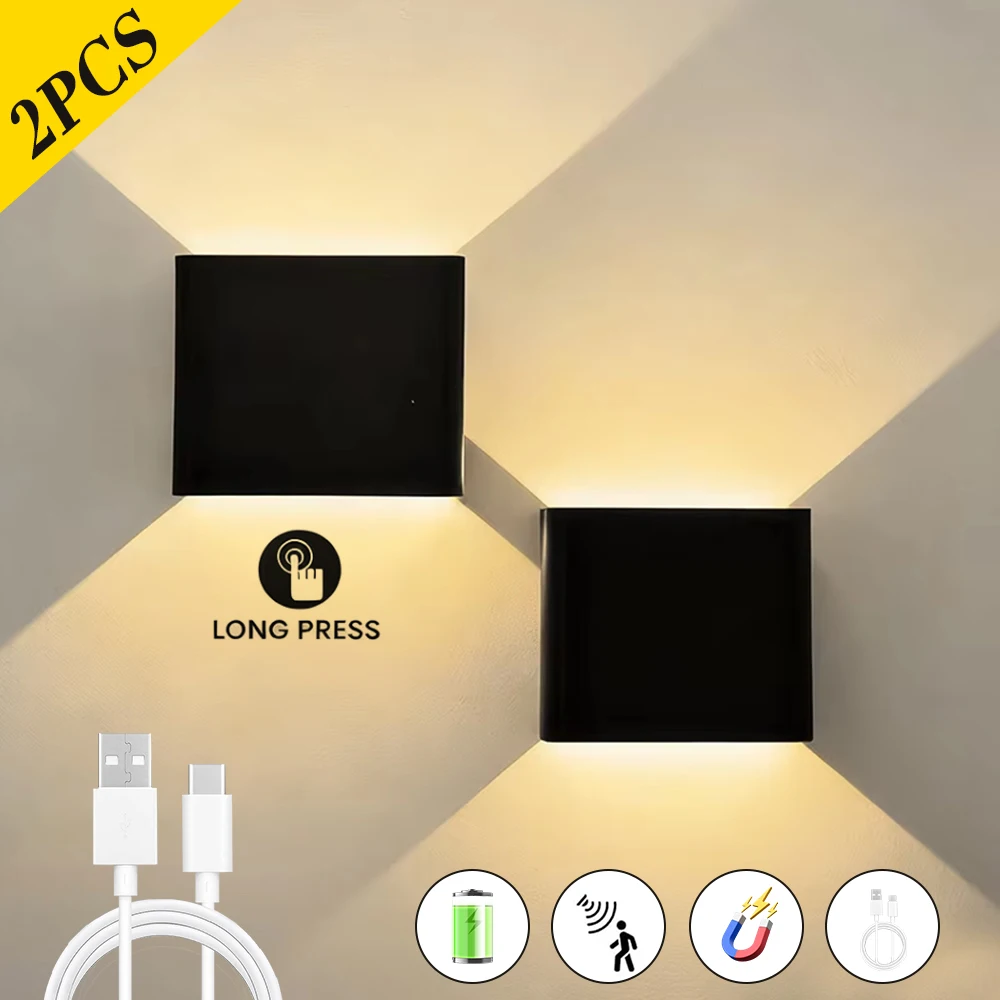 2 Stück Kabellose LED-Wandleuchten mit Sensor, Stufenlose Dimmung, Wiederaufladbar, Magnetisch, Moderne Nordische Quadratische Wandbeleuchtung für Innenräume