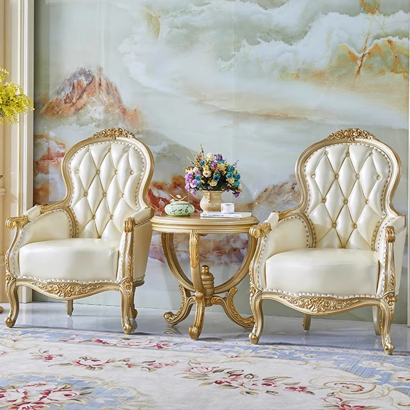 

European leather chair solid wood leisure bedroom single sofa chair study armchair high back chaise salon home furniture
