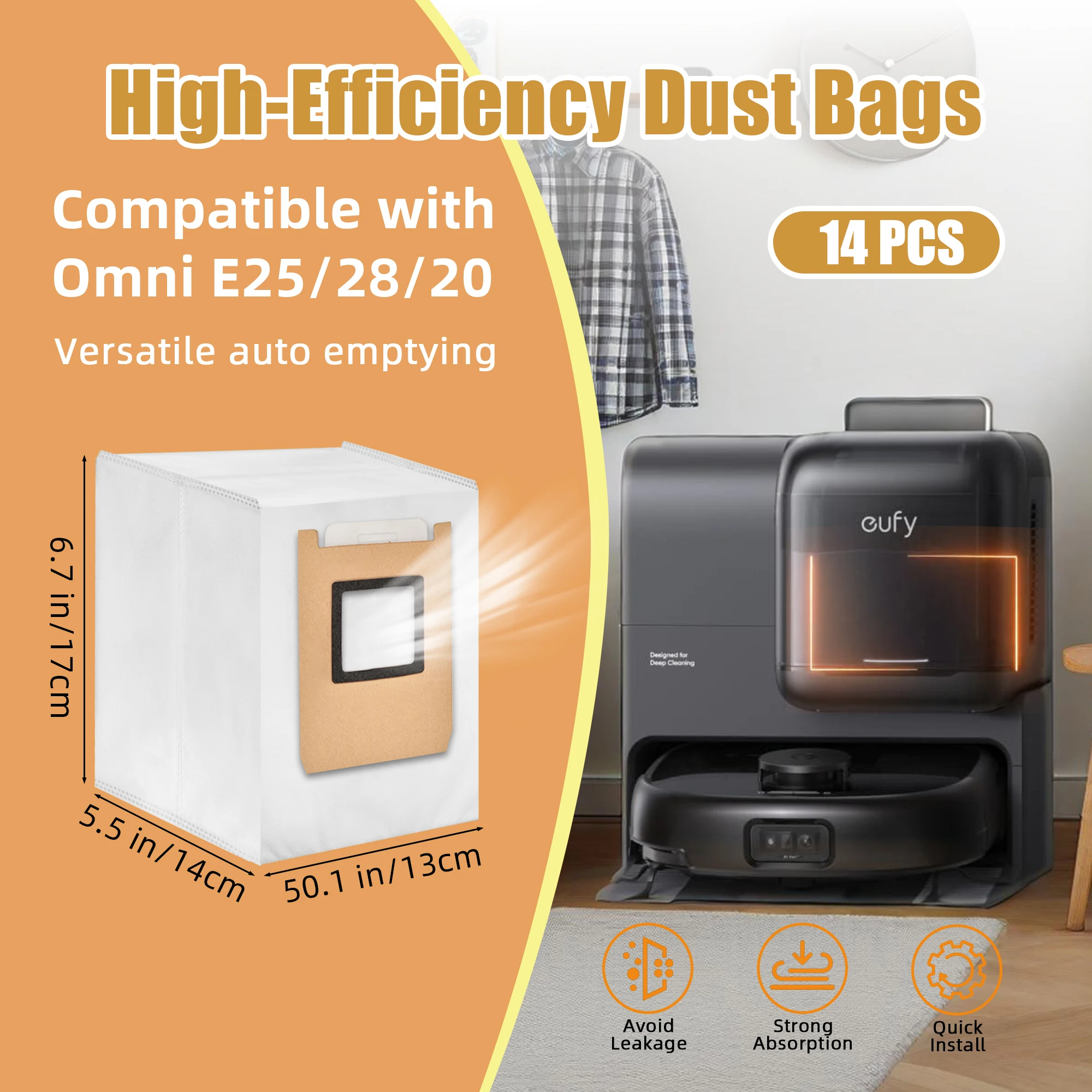 E25 Dust Bags Compatible with Eufy E28 Omni/ E25 Omni Robot Vacuum, 3L Large Capacity, Heavy-Duty Tear-Resistant Design
