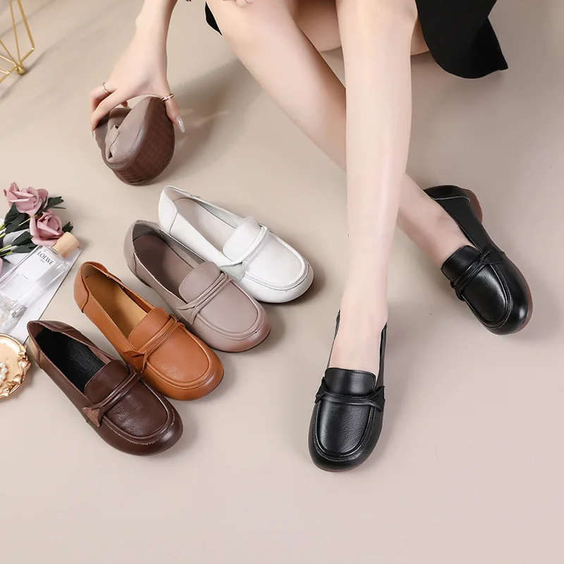 2023 New Women Leather Flat Shoes Concise Comfortable Ladies Work Leather Shoes Soft Sole Female Loafers Retro Woman Flats