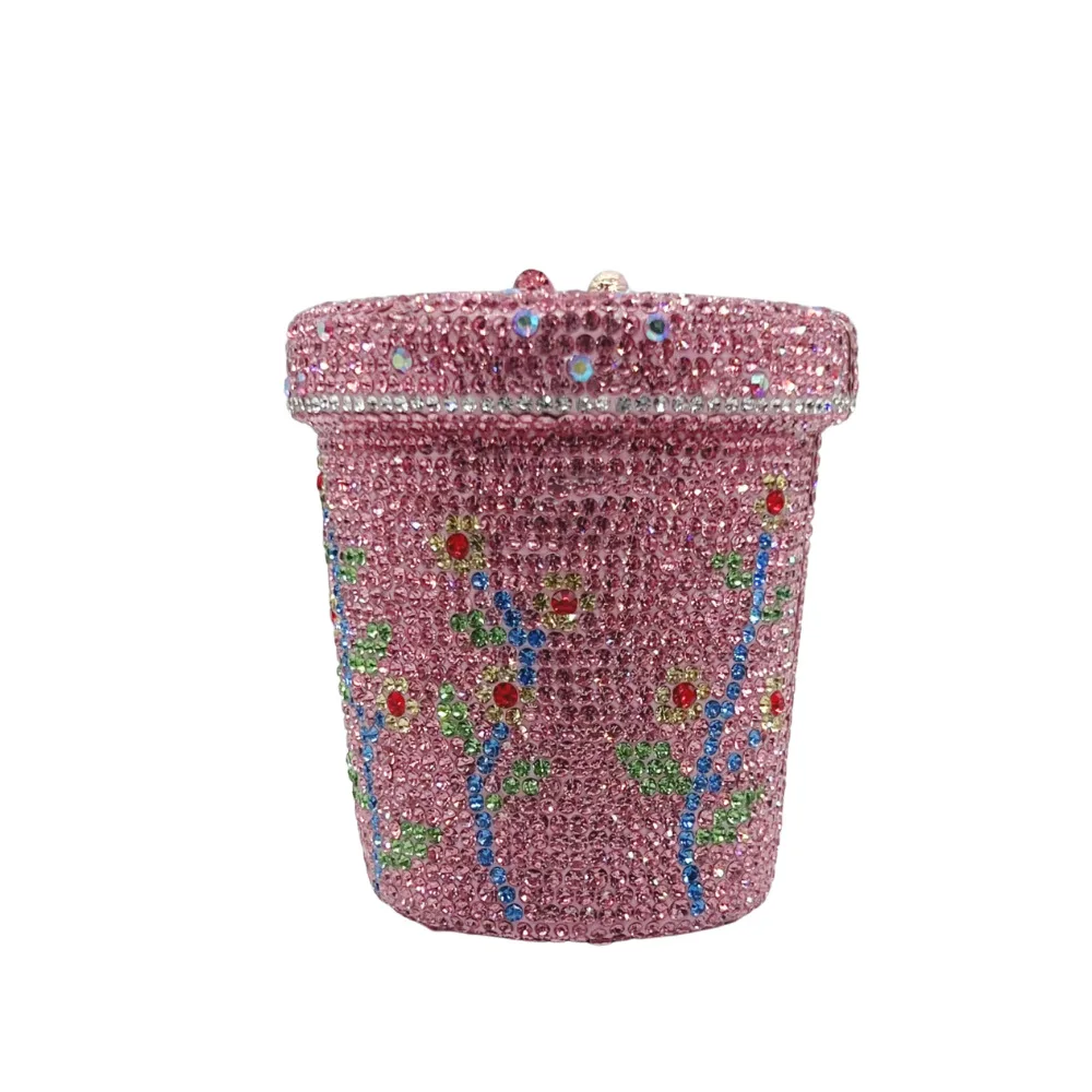 Creative flower pot bucket type full diamond dinner bag, hand-set diamond flower mini bucket clutch bag, wedding party oblique