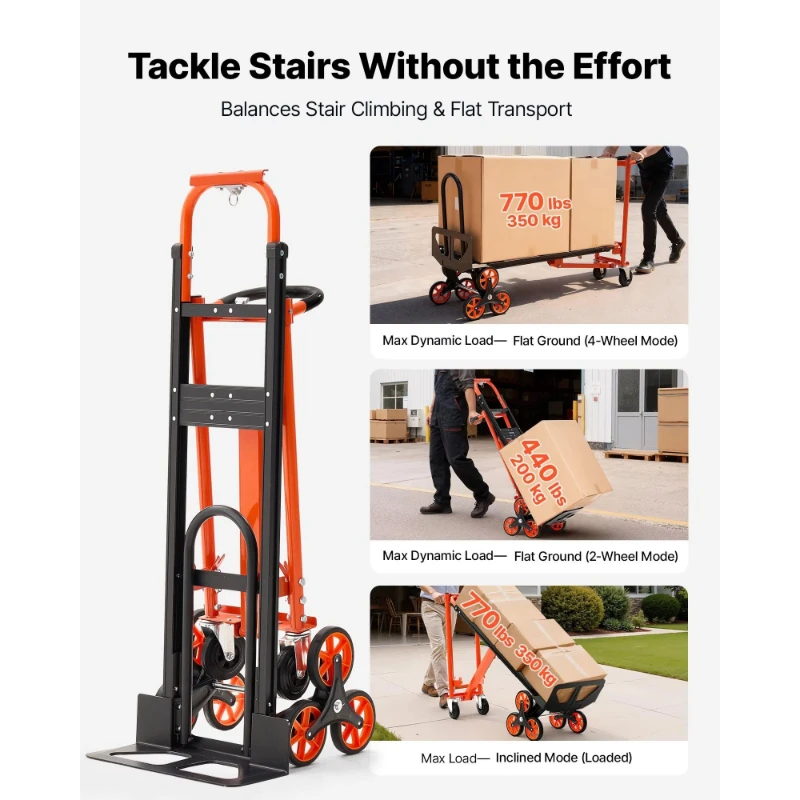 3-In-1 convertible industrial-grade stair climber, up to 770 pounds, folding trolley with handle and wheels, up to 770 pounds
