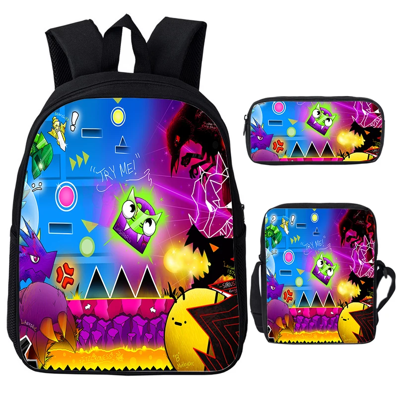 

Angry Geometry Dash Print Backpack Boys Girls Funny Cartoon School Bags 3pcs Set Softback Children Bookbag Shoulder Bag Pen Bag