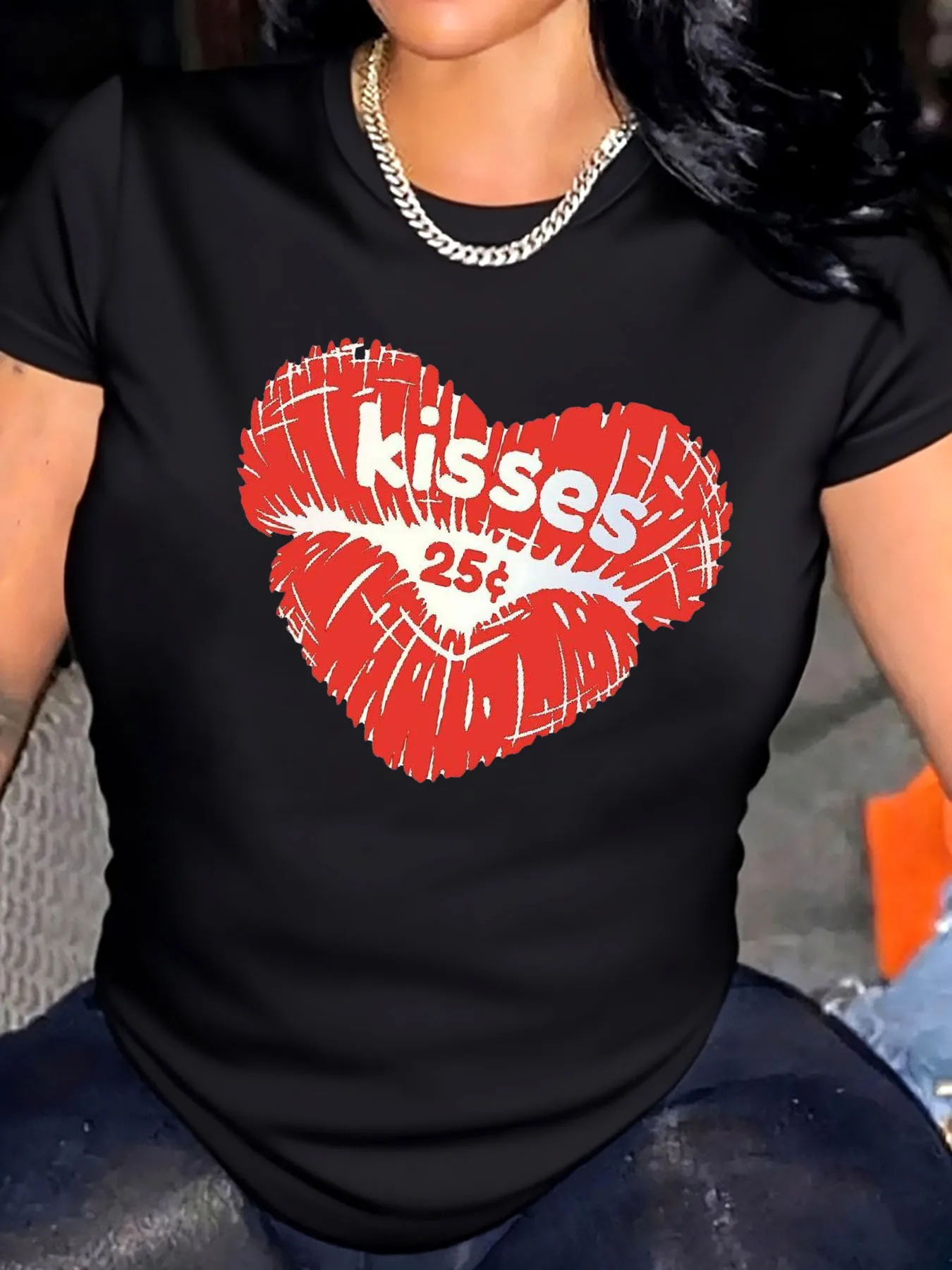 

Женская футболка больших размеров на День святого Валентина, поцелуи, сердце, принт, 25-центная верхняя одежда