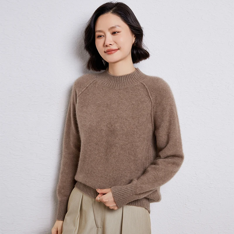 Autumn/Winter New Sweater Women's Clothing 100% Wool Half High Collar Knitted Pullover Casual Loose Thick Tops Fashion Korean