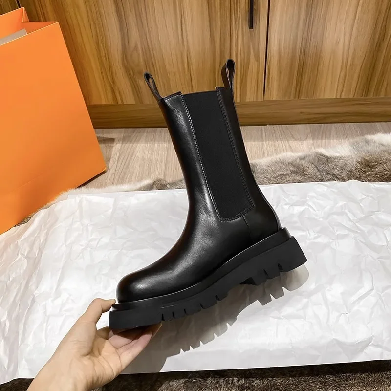 Classic Chelsea Boots Women's Black Ankle Boots Autumn and Winter Shoes Leather Thick Sole Booties Slip-on Elastic Strap Booties