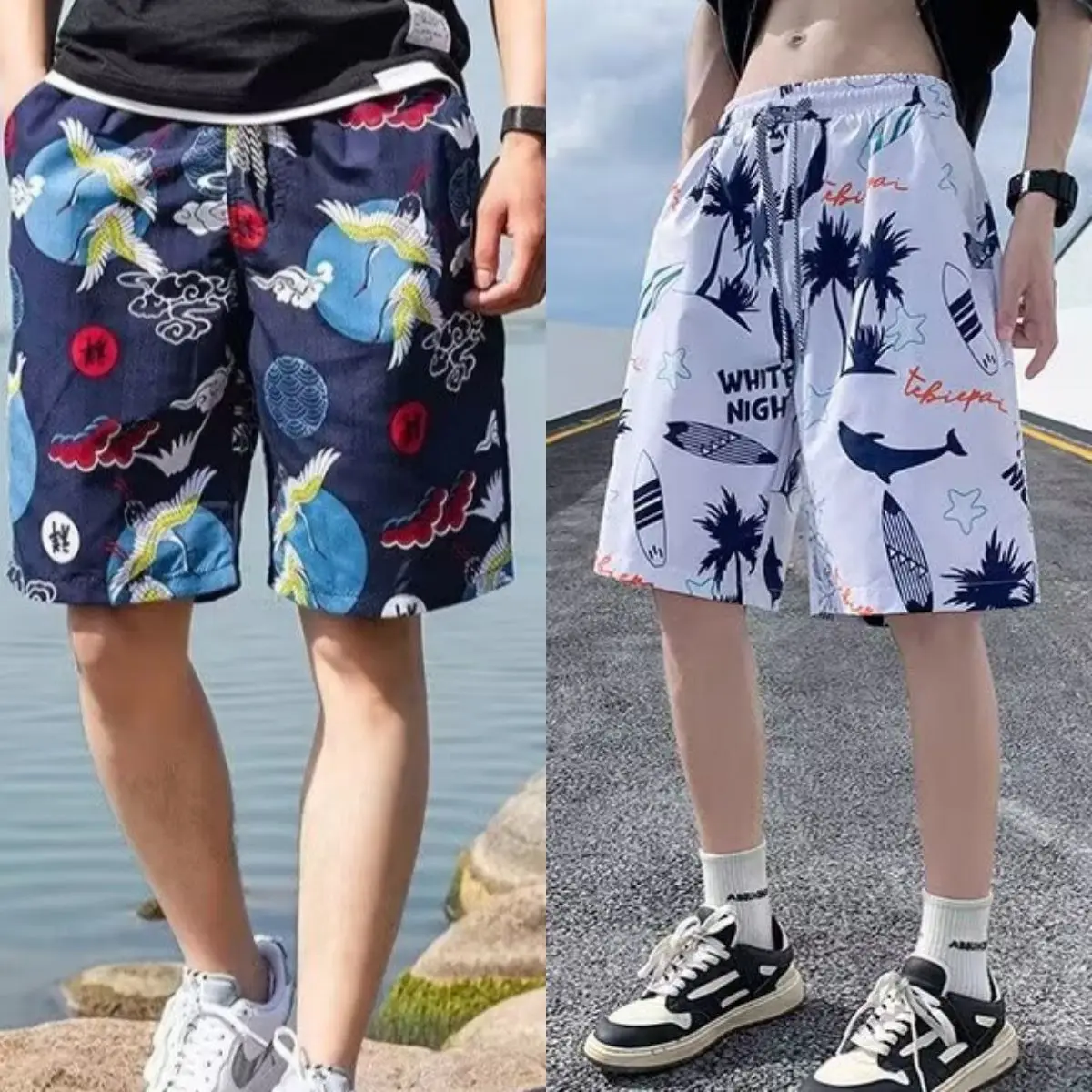 

Fashion Spliced Pockets Printed Casual Shorts Men's Clothing 2025 Summer New Loose Punk Elastic High Waist Beach Shorts