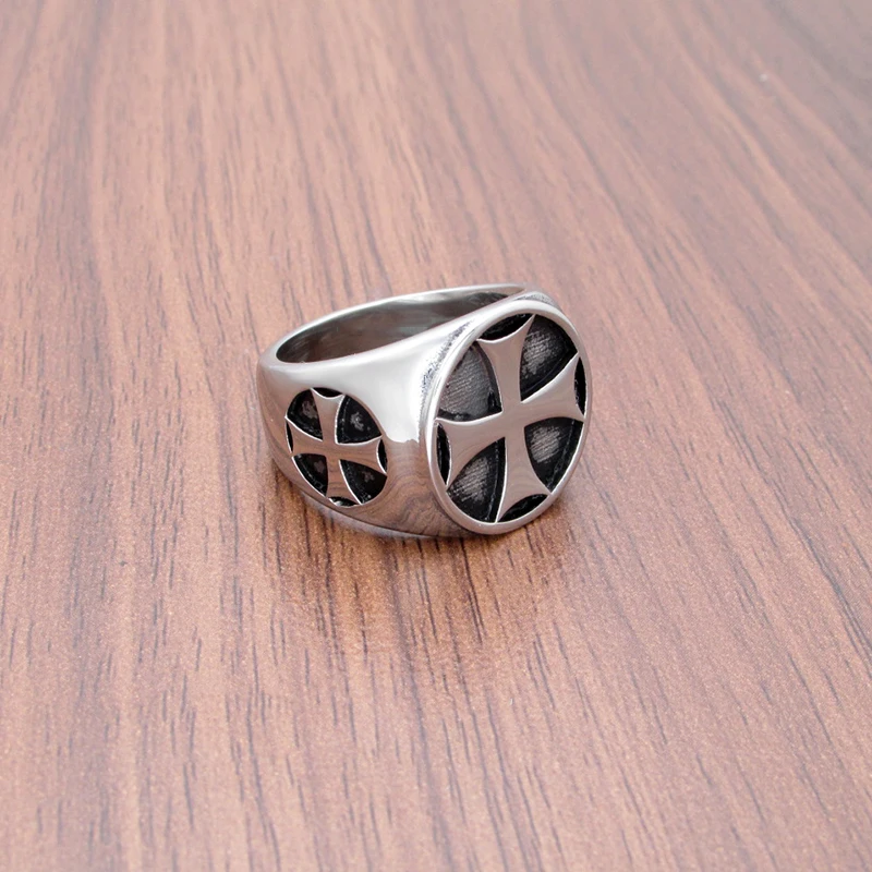 Classical 316L Stainless Steel Iron Cross Ring Men\'s Punk Party Round Biker Jewelry Gift