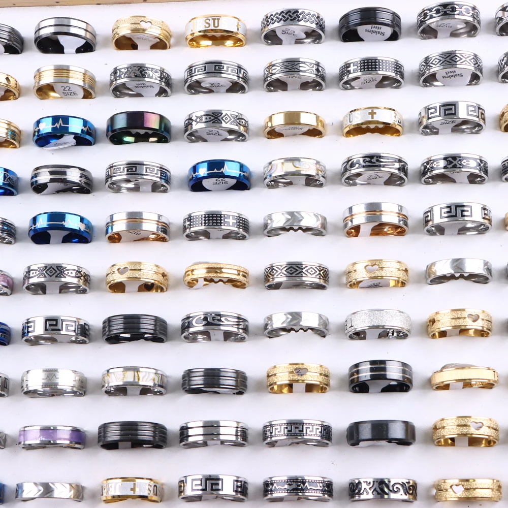 20Pcs/Lot Fashion Stainless Steel Stripe Rings For Men Mix Style Large Size 22-23 Party Gift Jewelry