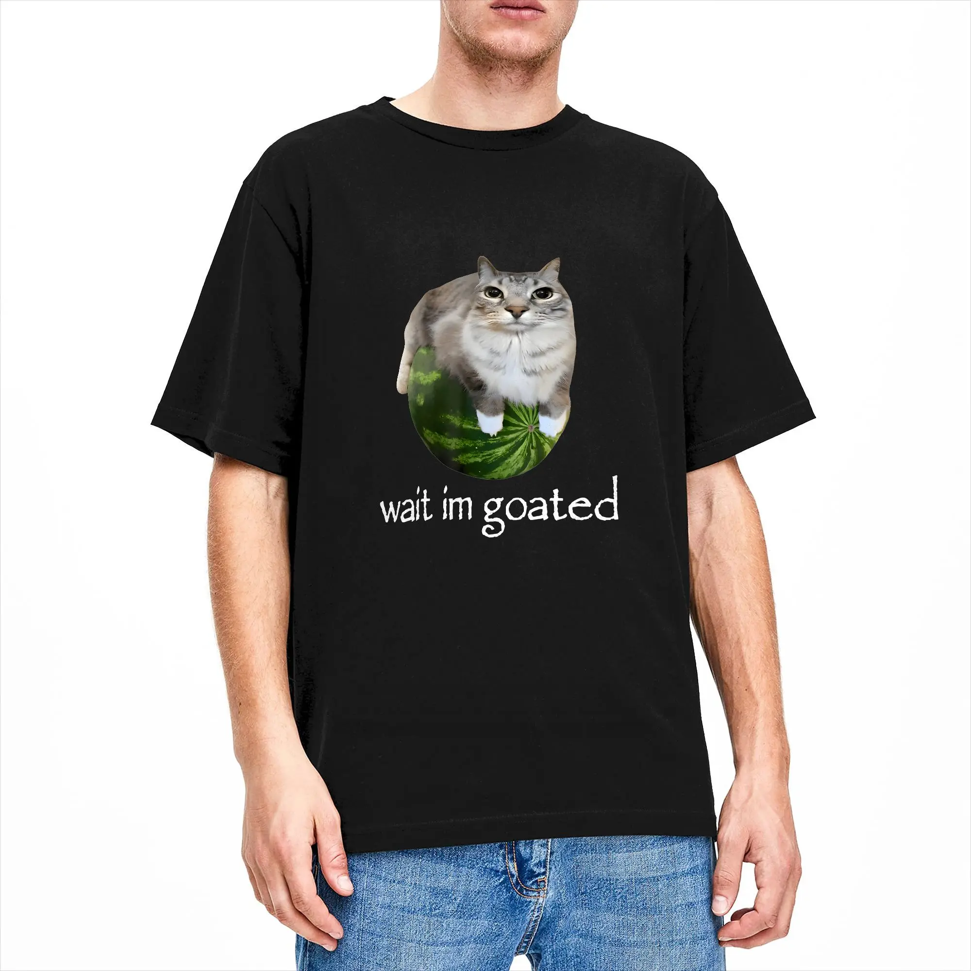 Casual T Shirt Beach Wait IM Goated Cat Meme Funny Watermelon Silly Cats Humor  Novelty T Shirts  Cotton Tshirt for Men Y2K Tops