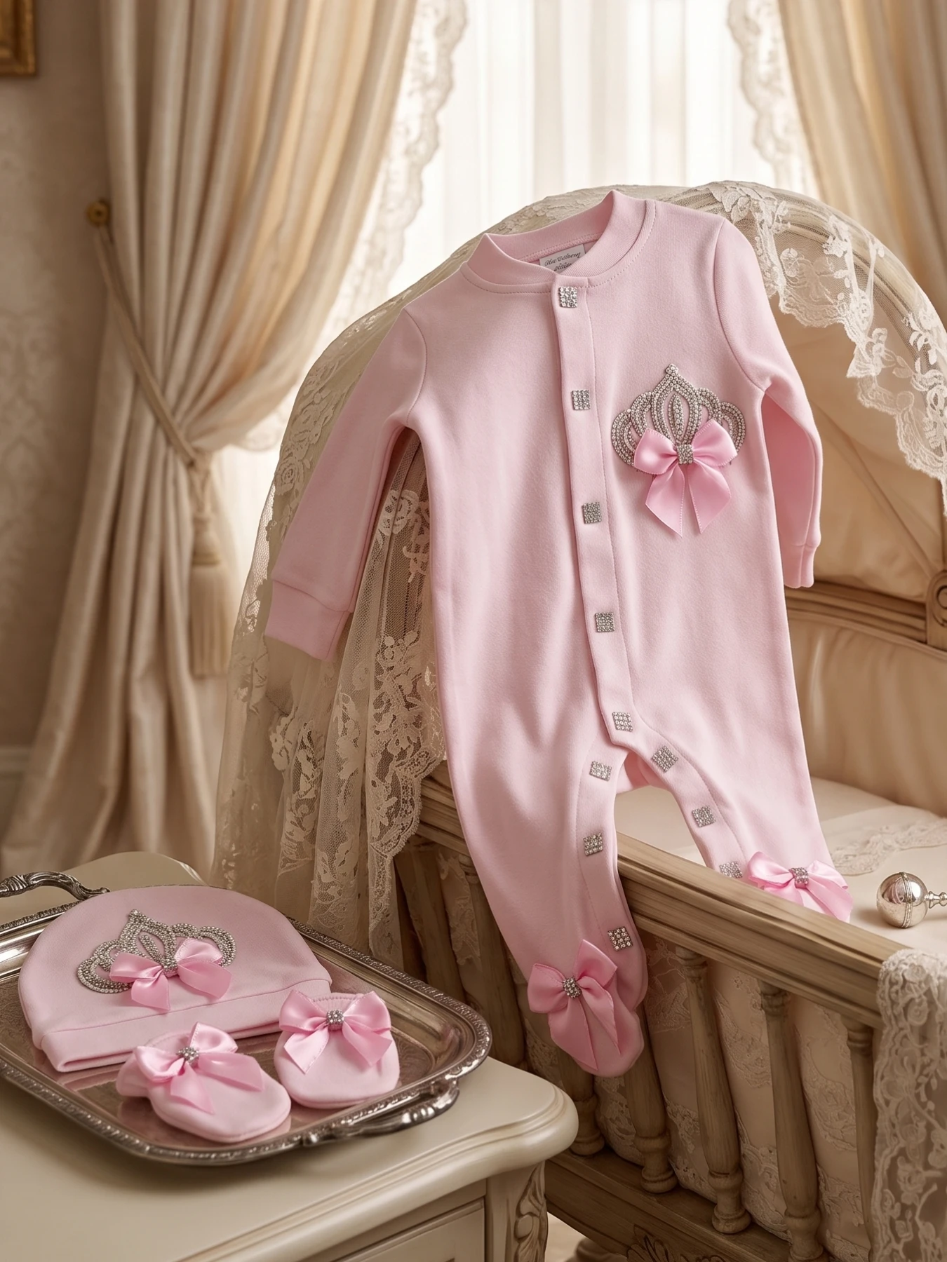 Luxury Princess Newborn 3Pcs Clothes Set Soft Knit Cotton Rhinestone Crown Bow Footed Romper Hat Anti Scratch Mittens