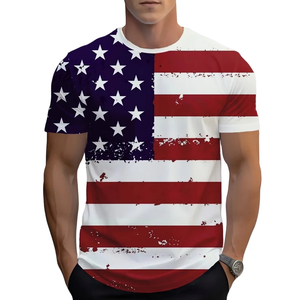 Men's 3D Digital Eagle and American Flag Pattern Wings Graphic Print T-Shirt Crew Neck Tops Short Sleeve Summer Men's Clothing