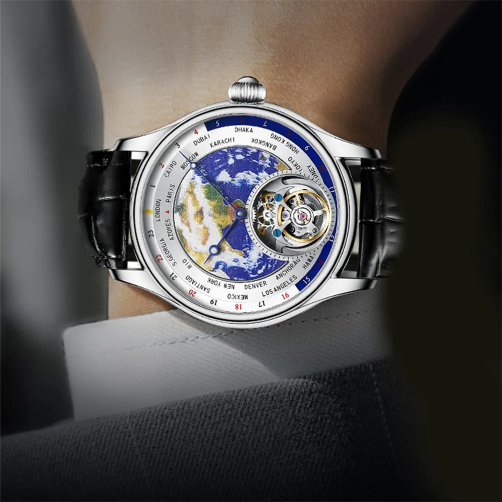 AESOP Men's Luxury Diamond Wrist Watch Real Tourbillon Mechanical Earth Dial Enamel Sapphire Crystal Waterproof Skeleton Design