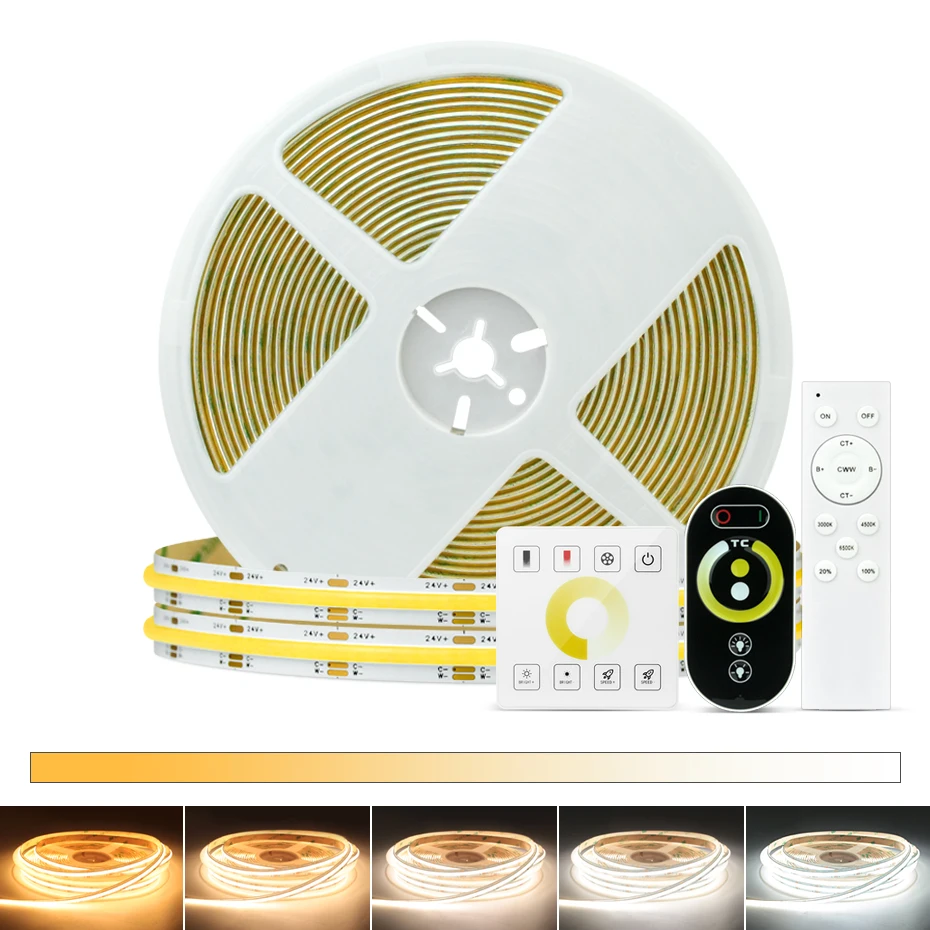 

24V COB CCT Dimmable LED Strip Light 560LEDs/m 5M 10M 2700K to 6000K CCT RF Dimmer Control Soft Flex Adhesive Led Ribbon Tape