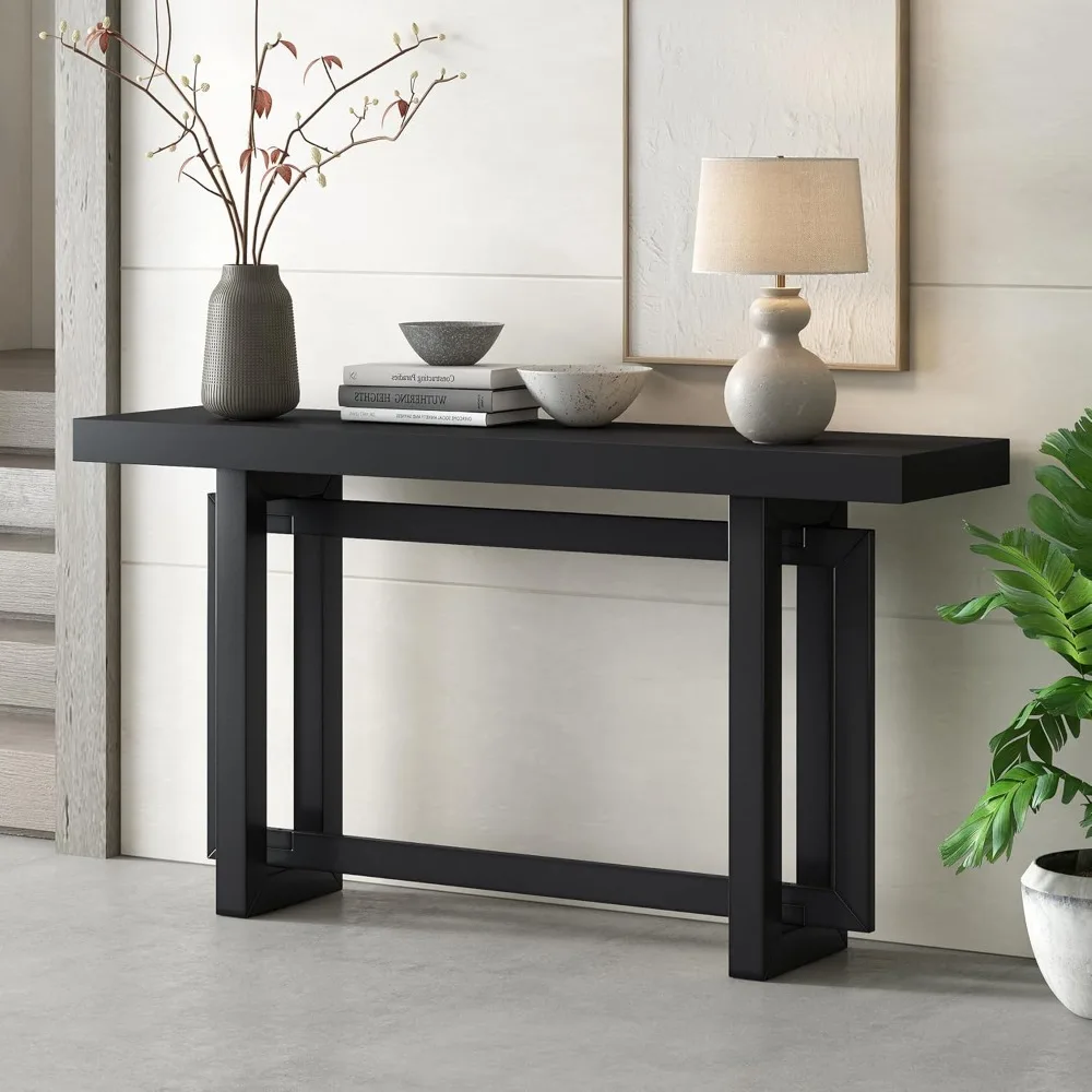 Contemporary Console Table with Industrial-Inspired Concrete Wood Top, Minimalist Rectangular Entryway Table for Hallway